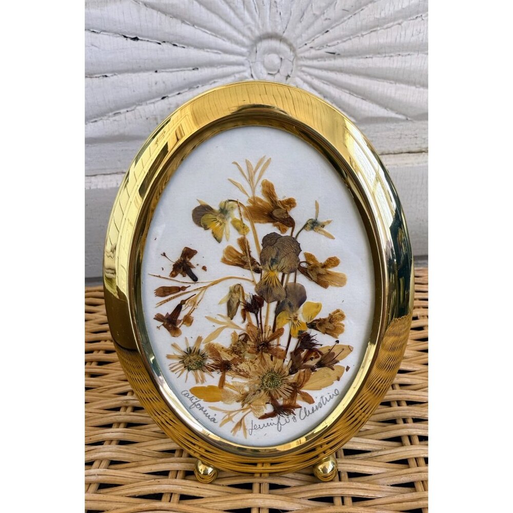 Vintage 70s Dried Real Flowers California Easel Gold Frame Tabletop